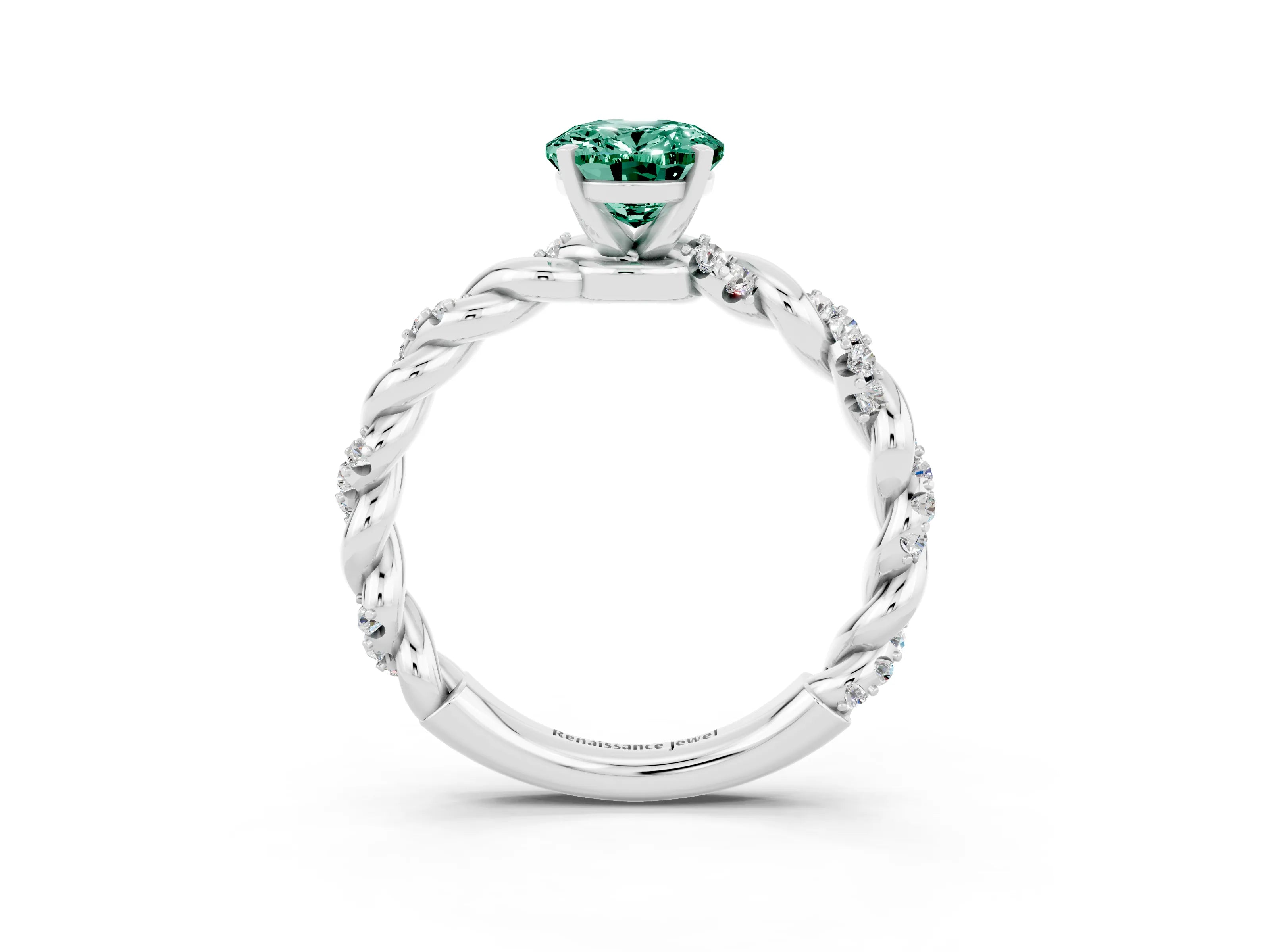 White gold Oval Cut Green Sapphire Solitaire Ring with Twisted Band and Pavé Accents_3