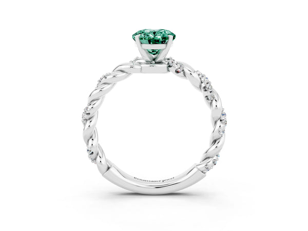 Platinum Oval Cut Green Sapphire Solitaire Ring with Twisted Band and Pavé Accents