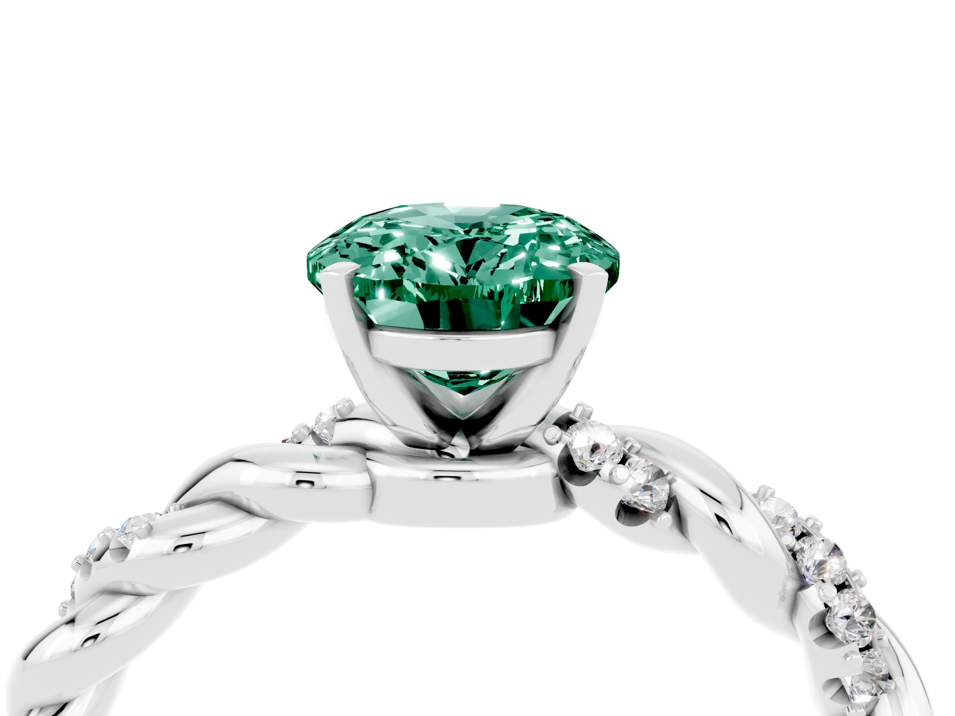 White gold Oval Cut Green Sapphire Solitaire Ring with Twisted Band and Pavé Accents_4