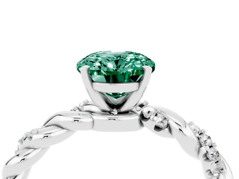 White gold Oval Cut Green Sapphire Solitaire Ring with Twisted Band and Pavé Accents_4