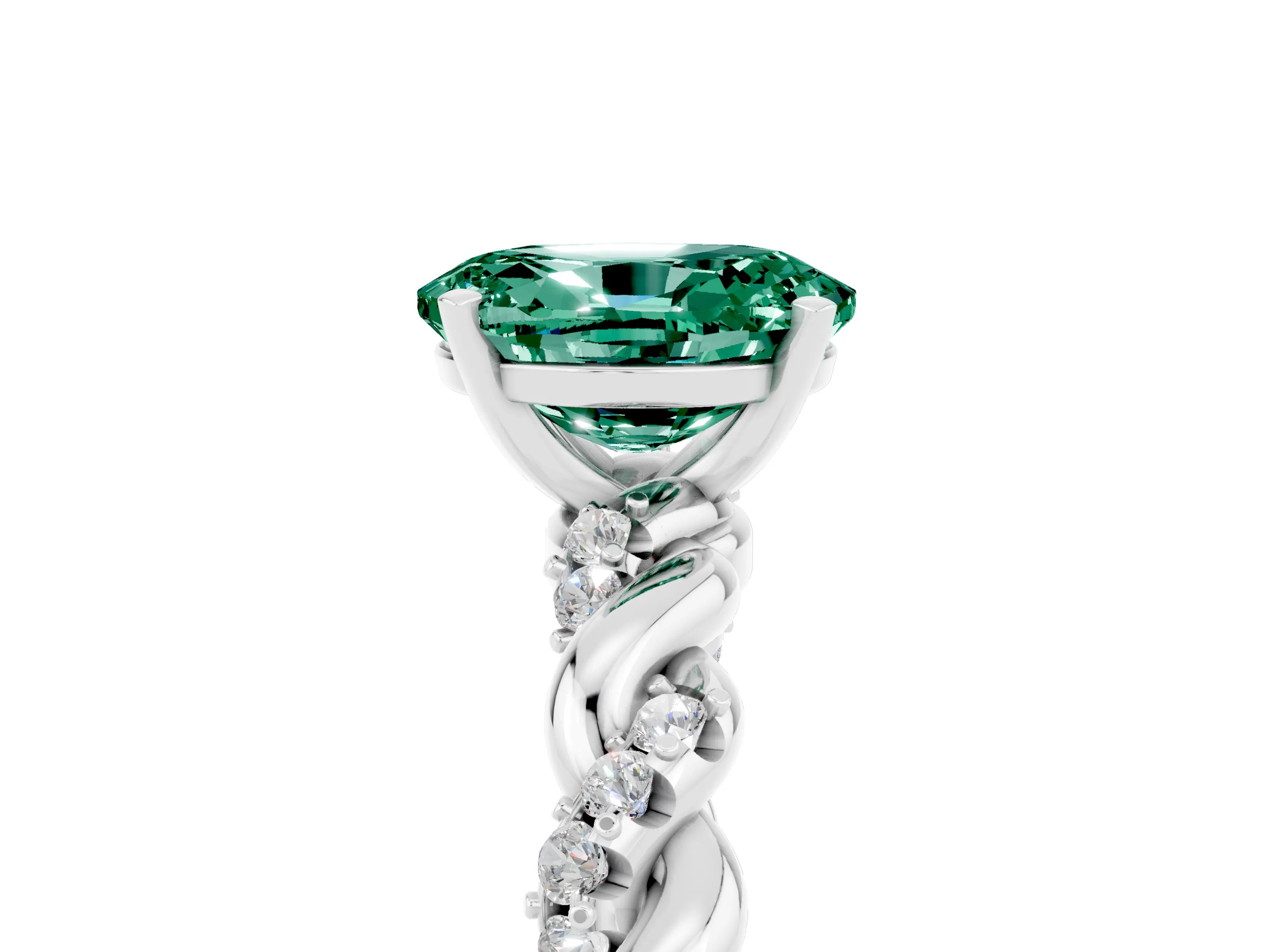 White gold Oval Cut Green Sapphire Solitaire Ring with Twisted Band and Pavé Accents_5