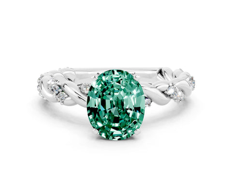 White gold Oval Cut Green Sapphire Solitaire Ring with Twisted Band and Pavé Accents