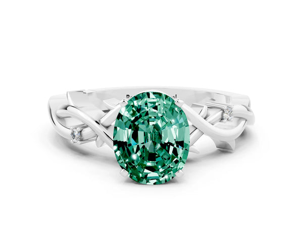 White gold Oval Cut Green Sapphire Solitaire Ring with Twisted Band and Prong Setting