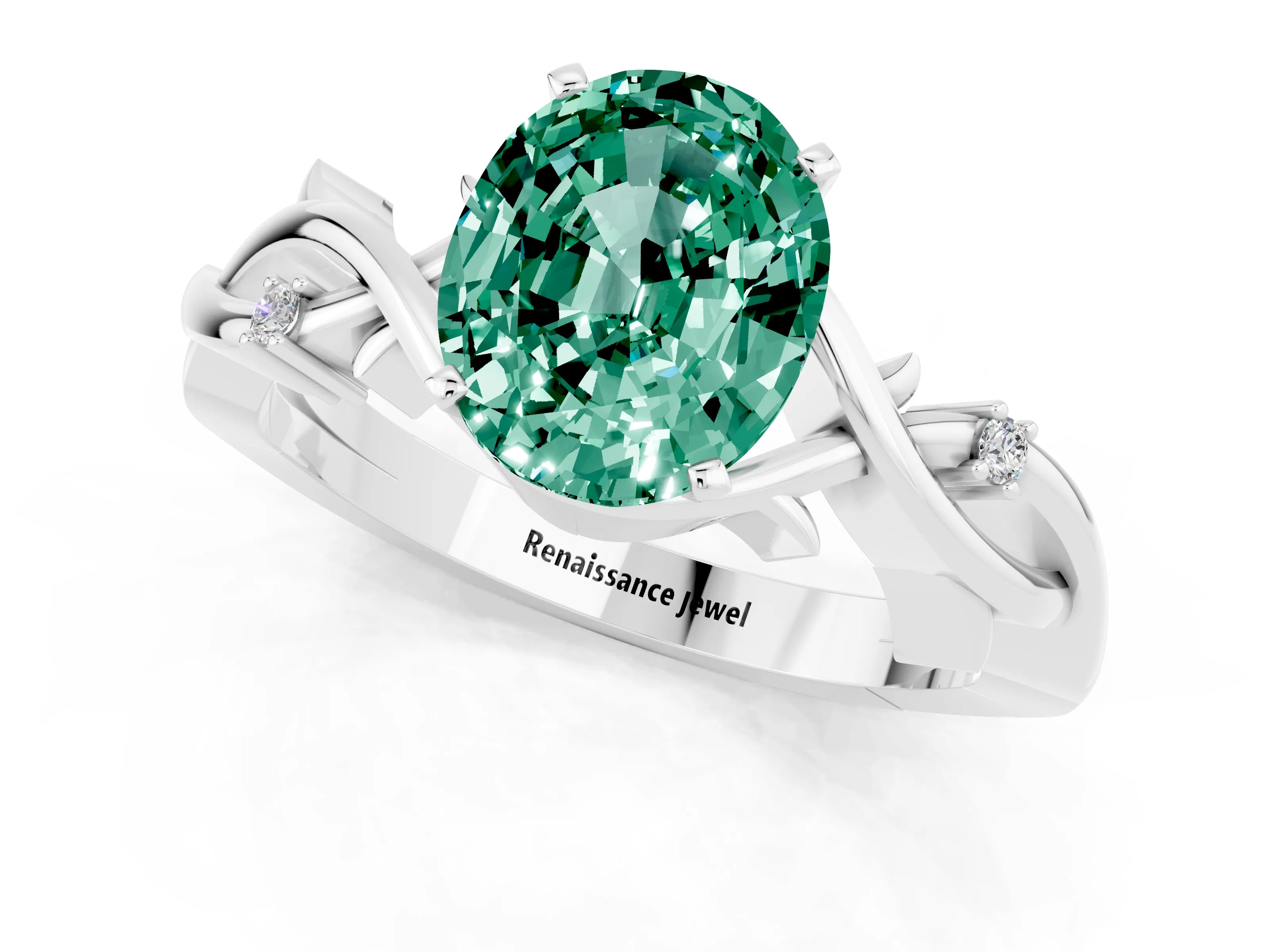 White gold Oval Cut Green Sapphire Solitaire Ring with Twisted Band and Prong Setting_13