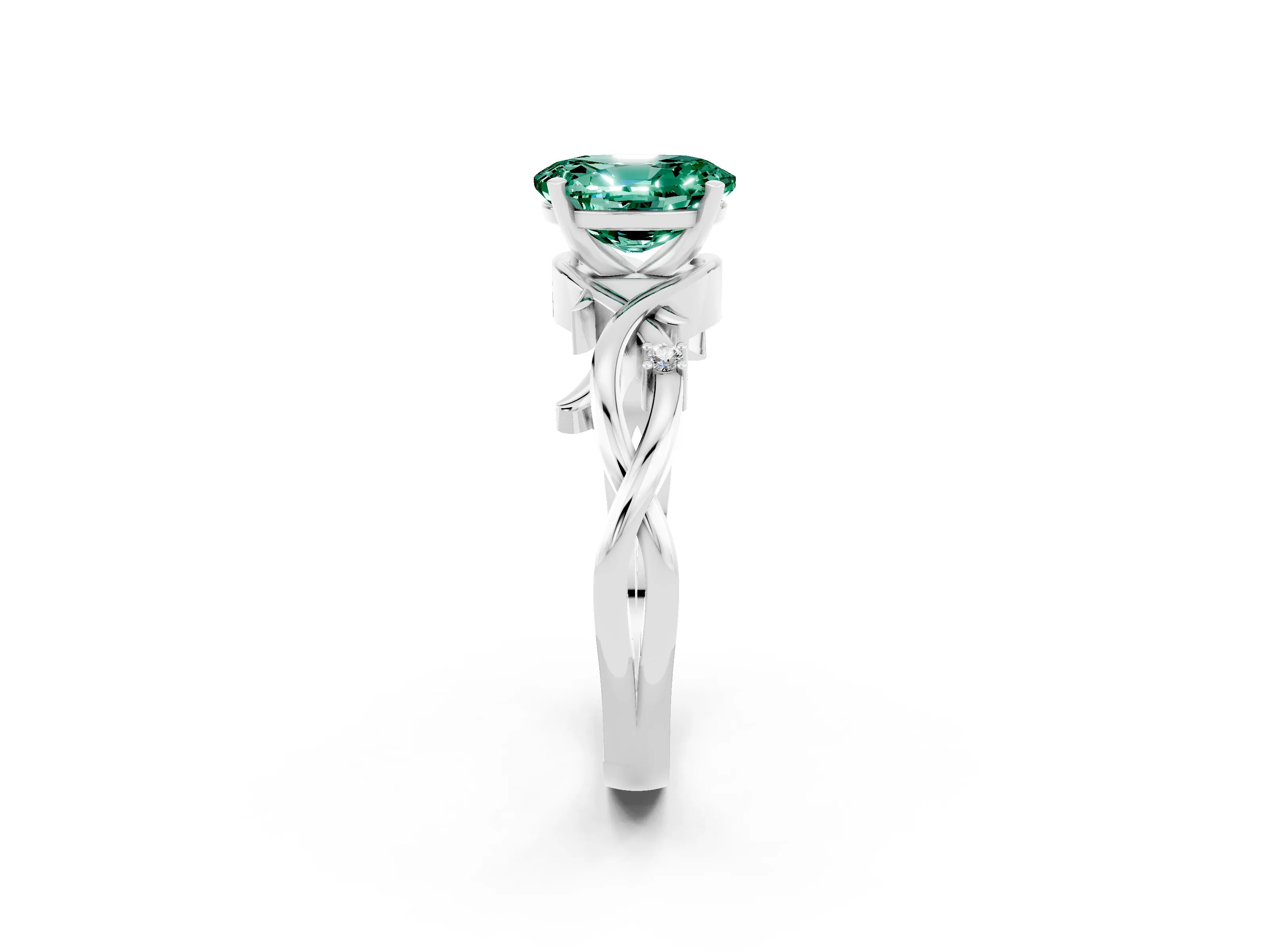 White gold Oval Cut Green Sapphire Solitaire Ring with Twisted Band and Prong Setting_14
