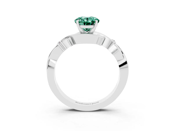 White gold Oval Cut Green Sapphire Solitaire Ring with Twisted Band and Prong Setting