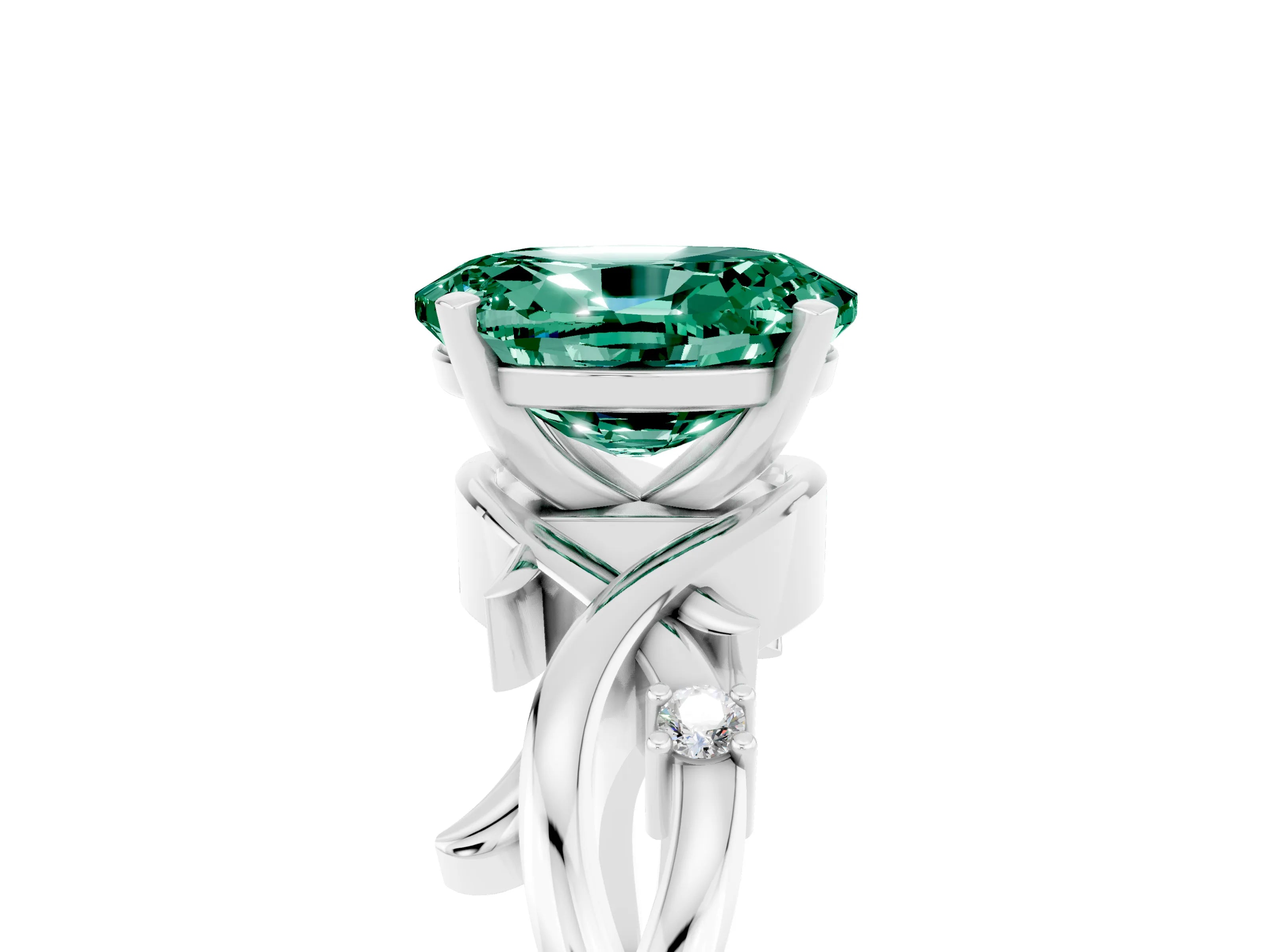White gold Oval Cut Green Sapphire Solitaire Ring with Twisted Band and Prong Setting_17