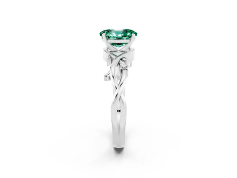 White gold Oval Cut Green Sapphire Solitaire Ring with Twisted Band and Prong Setting_2