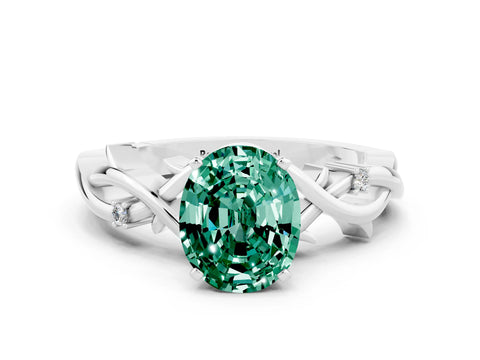 White gold Oval Cut Green Sapphire Solitaire Ring with Twisted Band and Prong Setting
