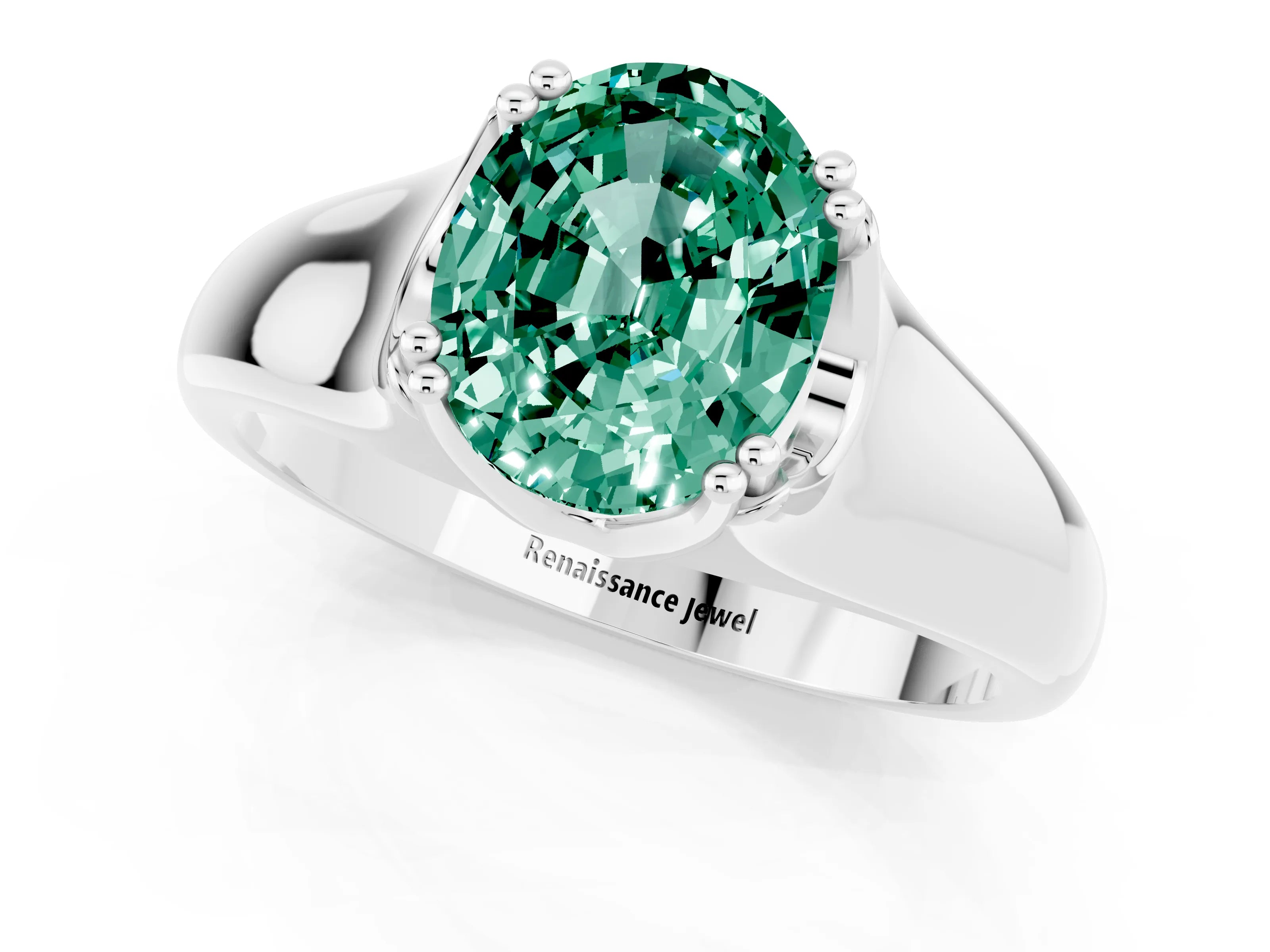 White gold Oval Cut Green Sapphire Solitaire Ring with Wide Band and Prong Setting_1