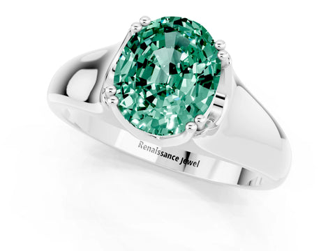 White gold Oval Cut Green Sapphire Solitaire Ring with Wide Band and Prong Setting_1