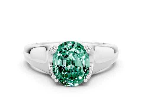 White gold Oval Cut Green Sapphire Solitaire Ring with Wide Band and Prong Setting