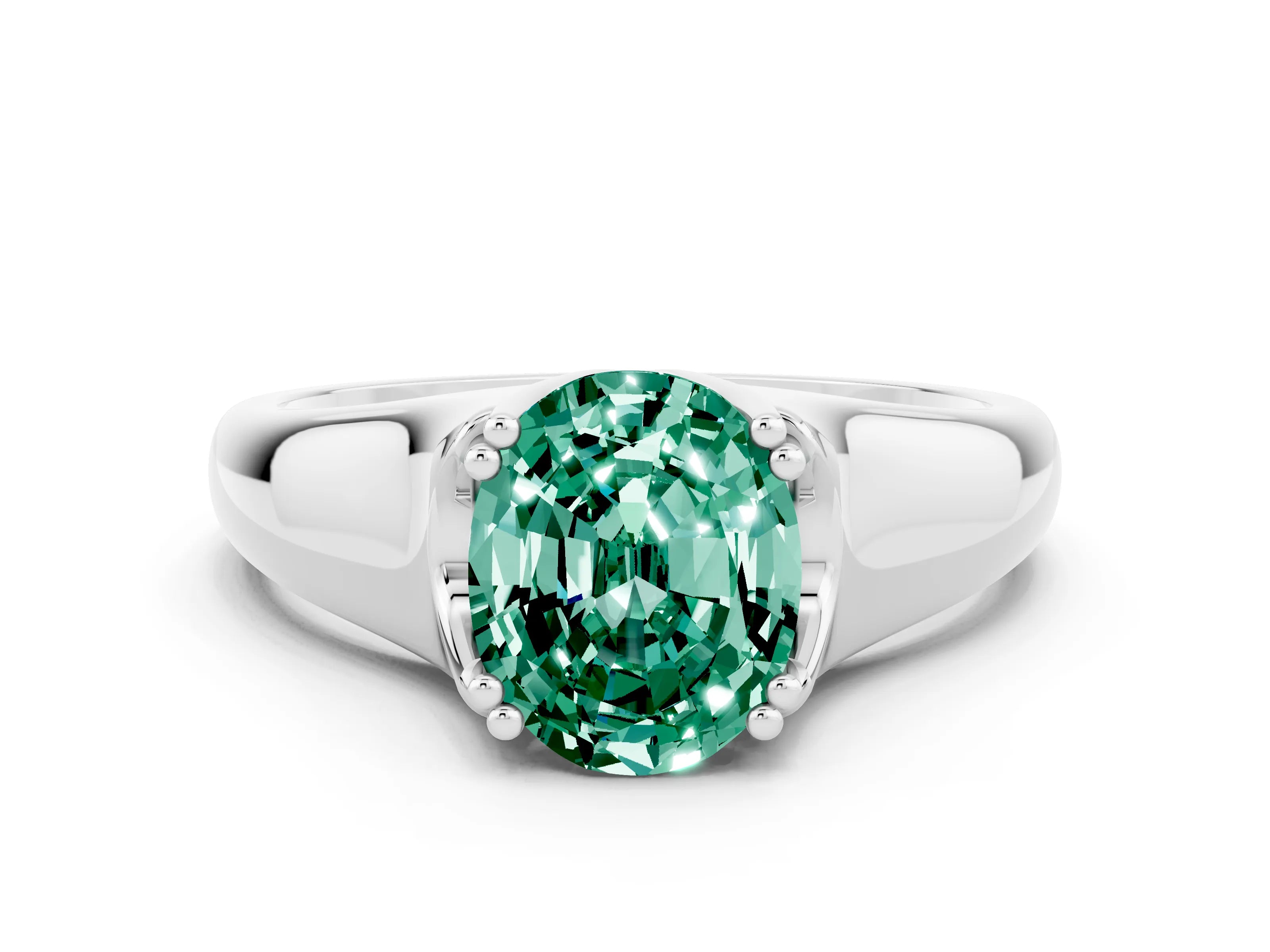 White gold Oval Cut Green Sapphire Solitaire Ring with Wide Band and Prong Setting