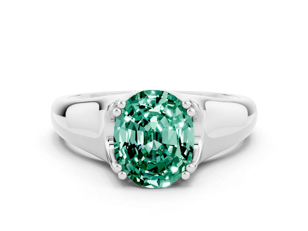 Silver Oval Cut Green Sapphire Solitaire Ring with Wide Band and Prong Setting