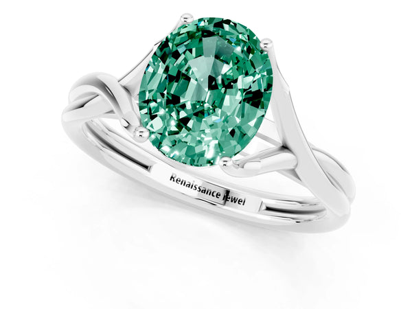 White gold Oval Cut Green Sapphire Solitaire Twist Band Prong Setting Ring