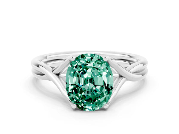 Silver Oval Cut Green Sapphire Solitaire Twist Band Prong Setting Ring