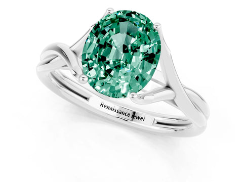 White gold Oval Cut Green Sapphire Solitaire Twist Band Prong Setting Ring_57