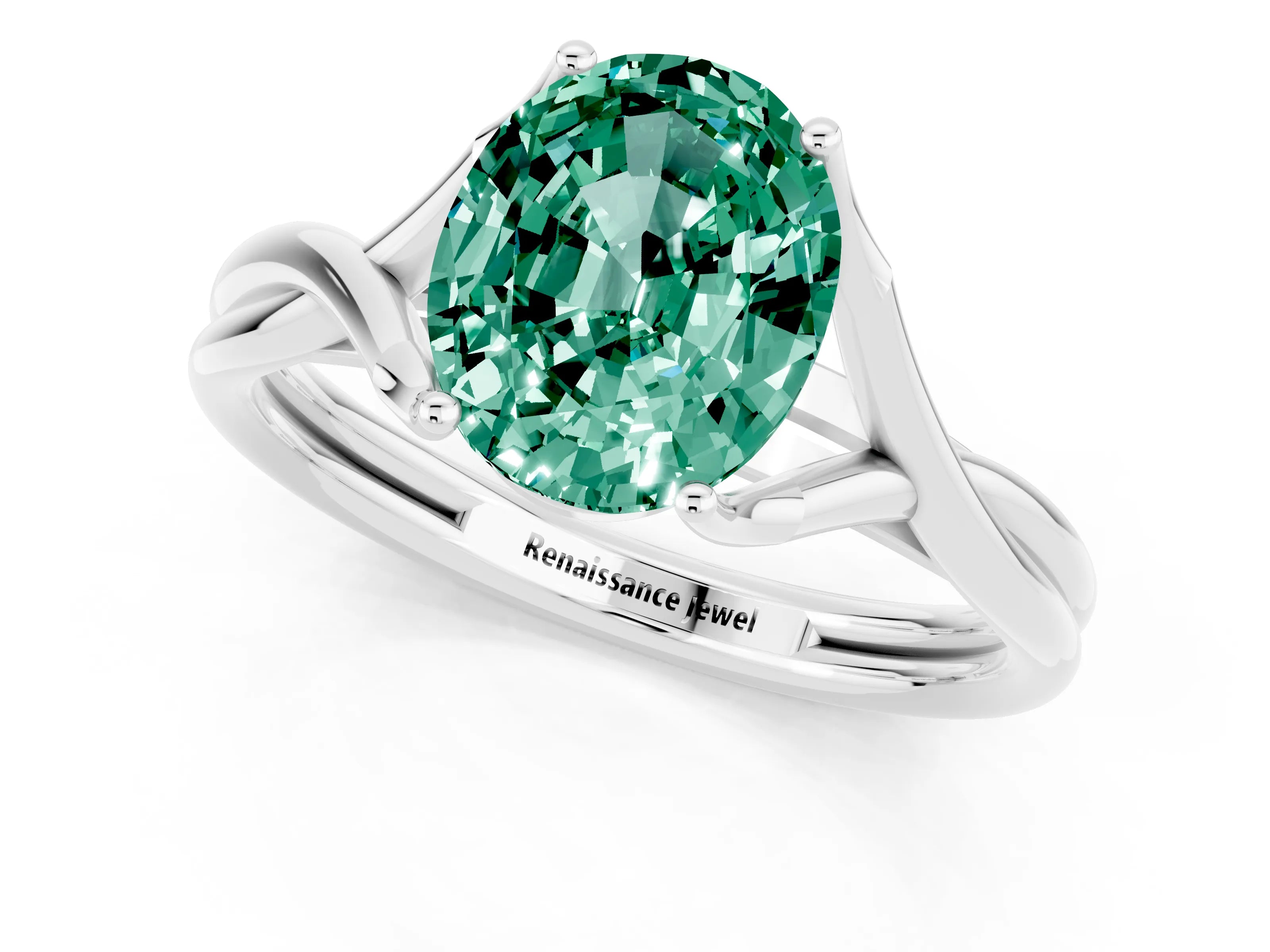 White gold Oval Cut Green Sapphire Solitaire Twist Band Prong Setting Ring_61