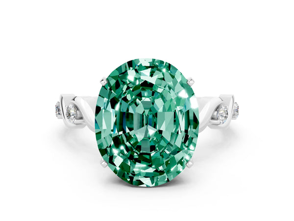 Platinum Oval Cut Green Sapphire Solitaire Twisted Band with Round  Accents and Prong Setting