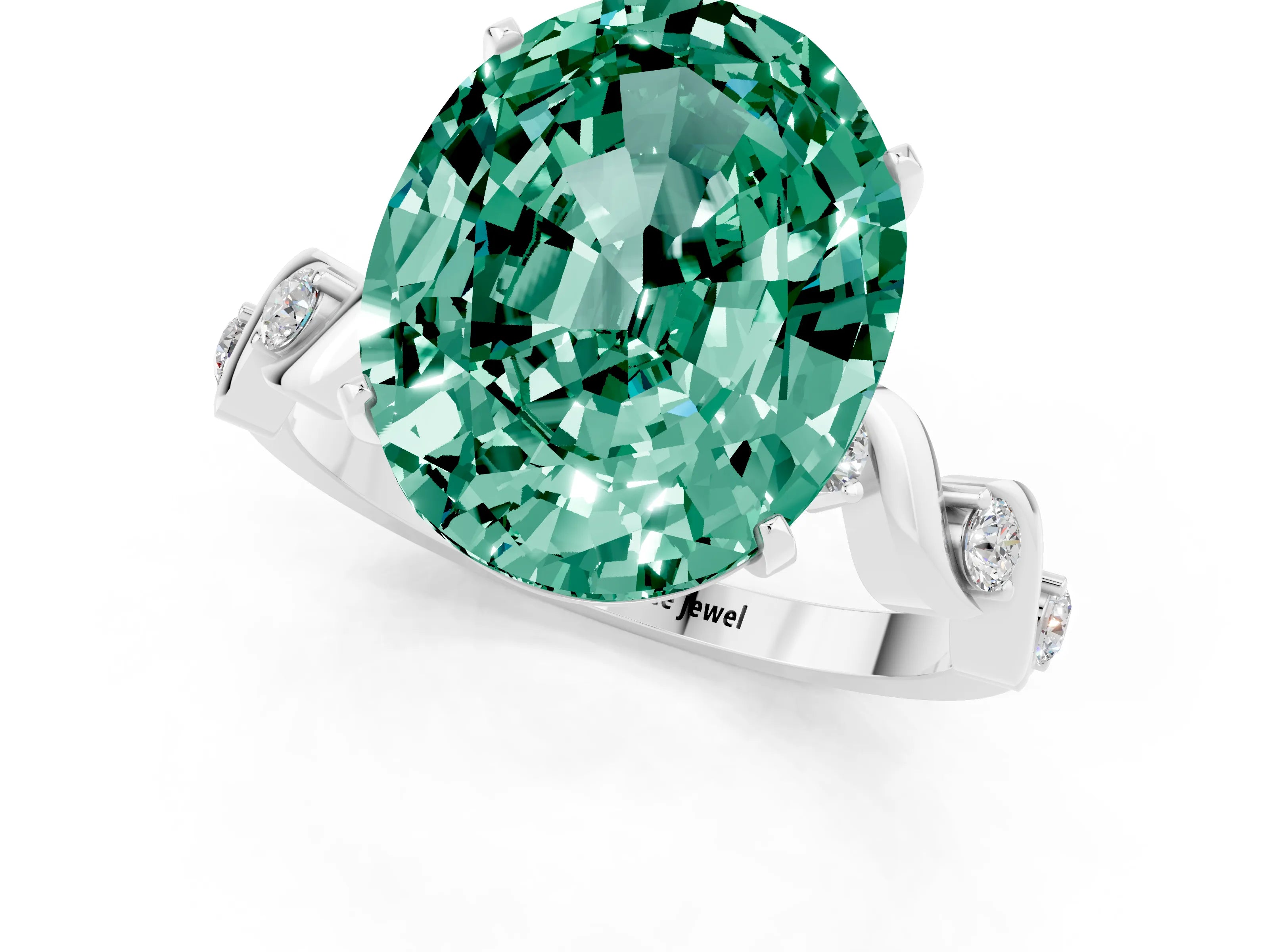 White gold Oval Cut Green Sapphire Solitaire Twisted Band with Round  Accents and Prong Setting_13