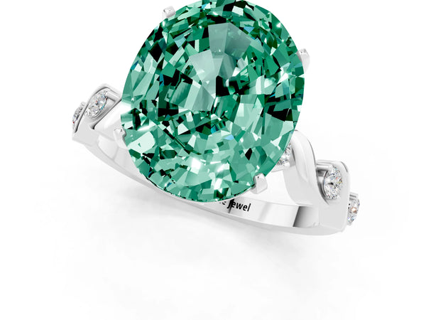 Platinum Oval Cut Green Sapphire Solitaire Twisted Band with Round  Accents and Prong Setting