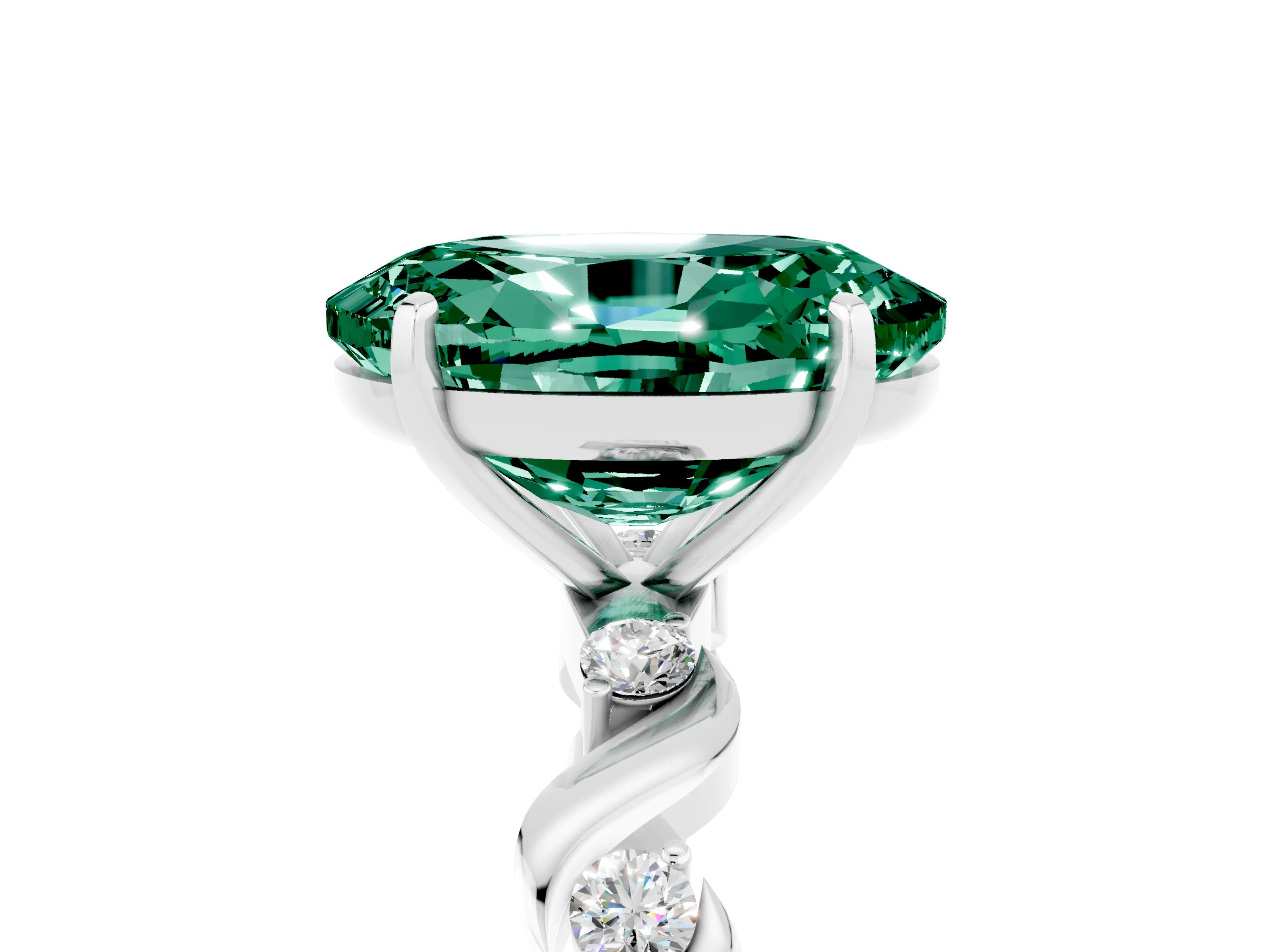 White gold Oval Cut Green Sapphire Solitaire Twisted Band with Round  Accents and Prong Setting_17