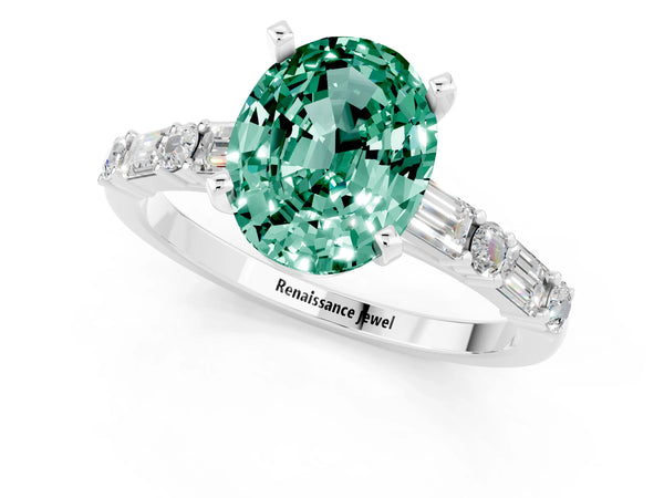 Platinum Oval Cut Green Sapphire Solitaire with Side Baguettes and Channel Set Band