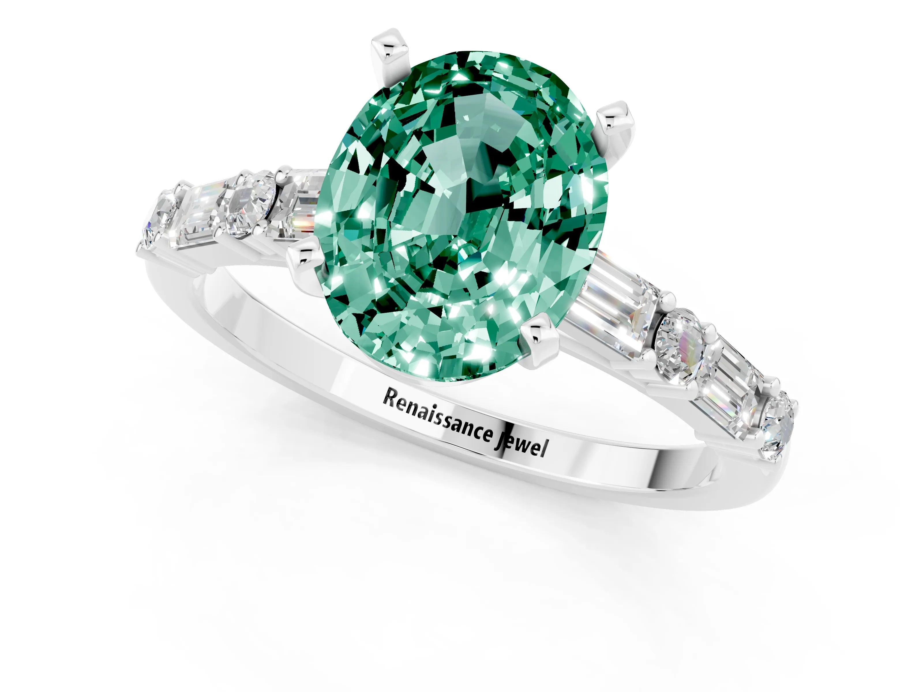 White gold Oval Cut Green Sapphire Solitaire with Side Baguettes and Channel Set Band_1