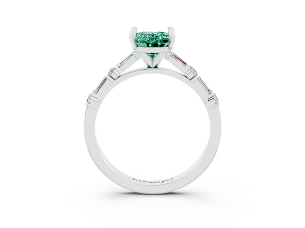 White gold Oval Cut Green Sapphire Solitaire with Side Baguettes and Channel Set Band