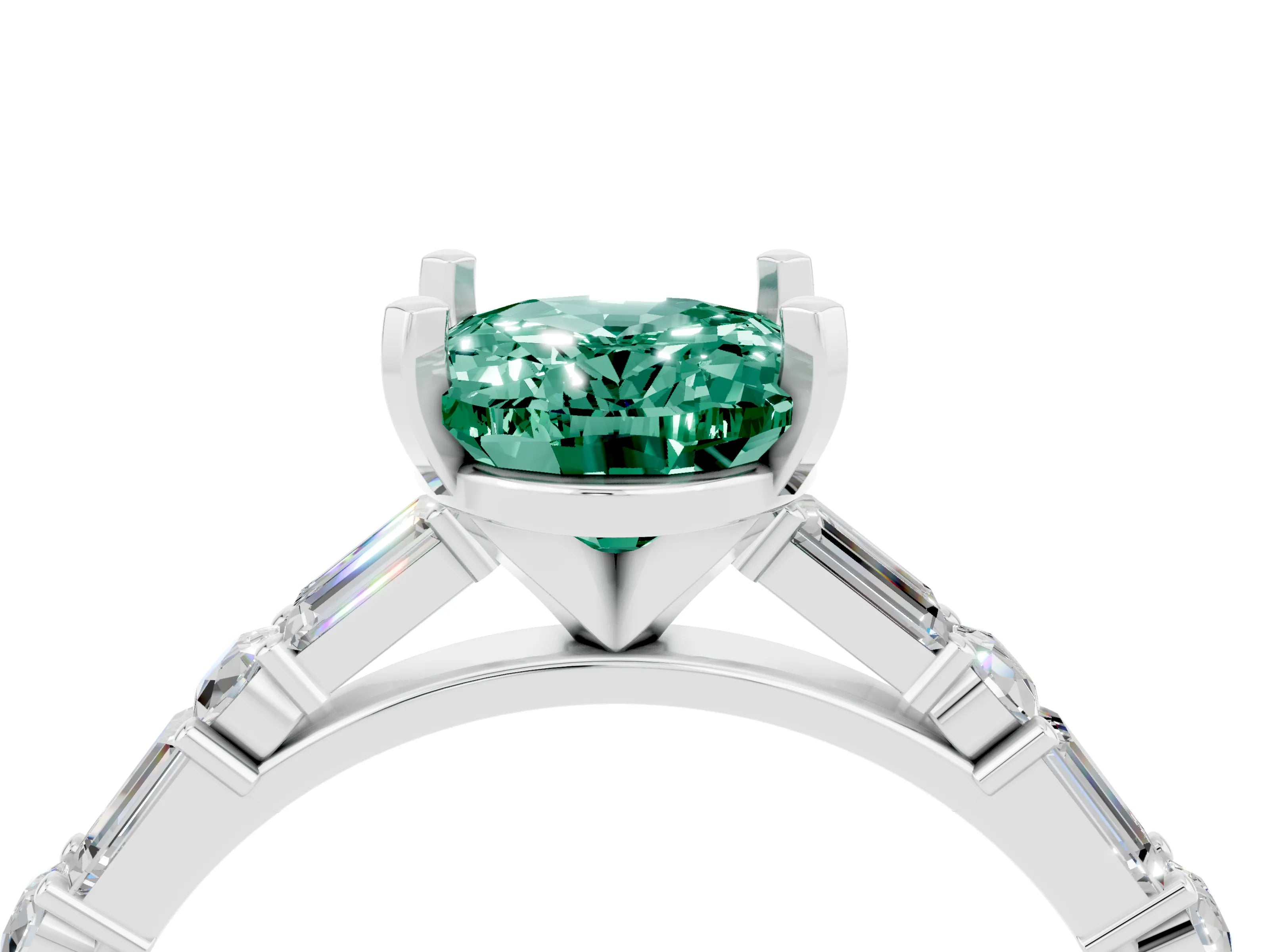 White gold Oval Cut Green Sapphire Solitaire with Side Baguettes and Channel Set Band_4
