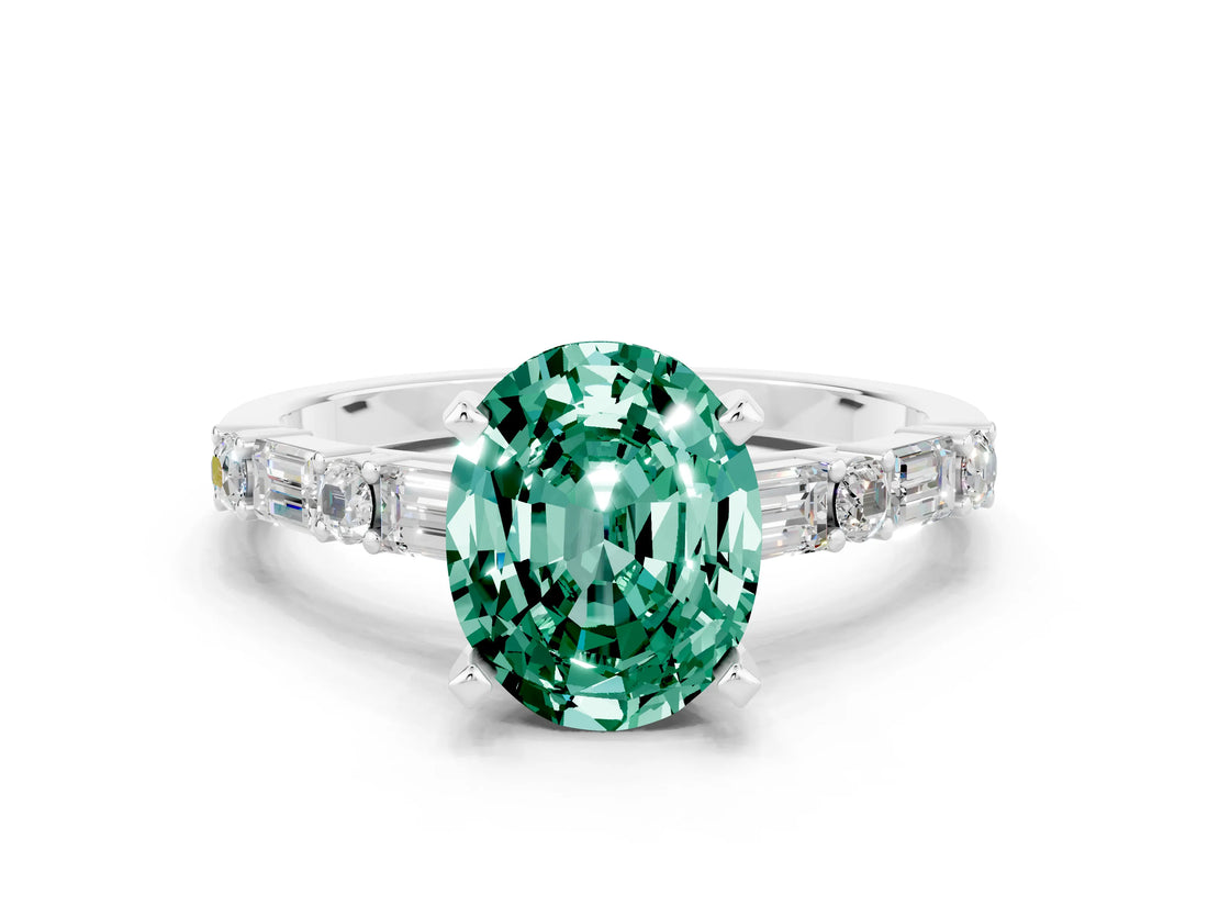 White gold Oval Cut Green Sapphire Solitaire with Side Baguettes and Channel Set Band