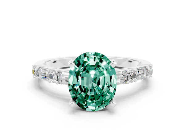 White gold Oval Cut Green Sapphire Solitaire with Side Baguettes and Channel Set Band