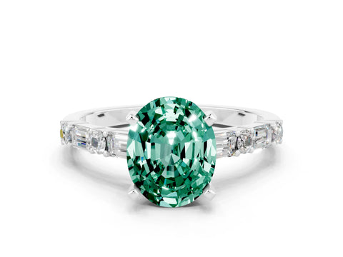 White gold Oval Cut Green Sapphire Solitaire with Side Baguettes and Channel Set Band