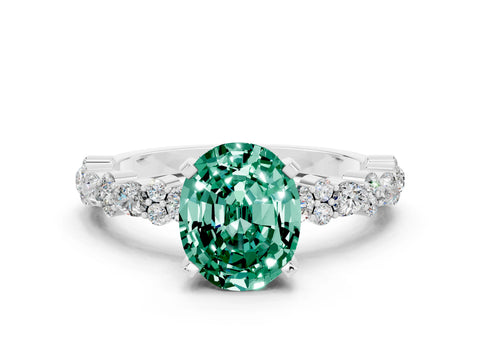 White gold Oval Cut Green Sapphire Solitaire with Side Stones, Pave Band, Four-Prong Setting_36