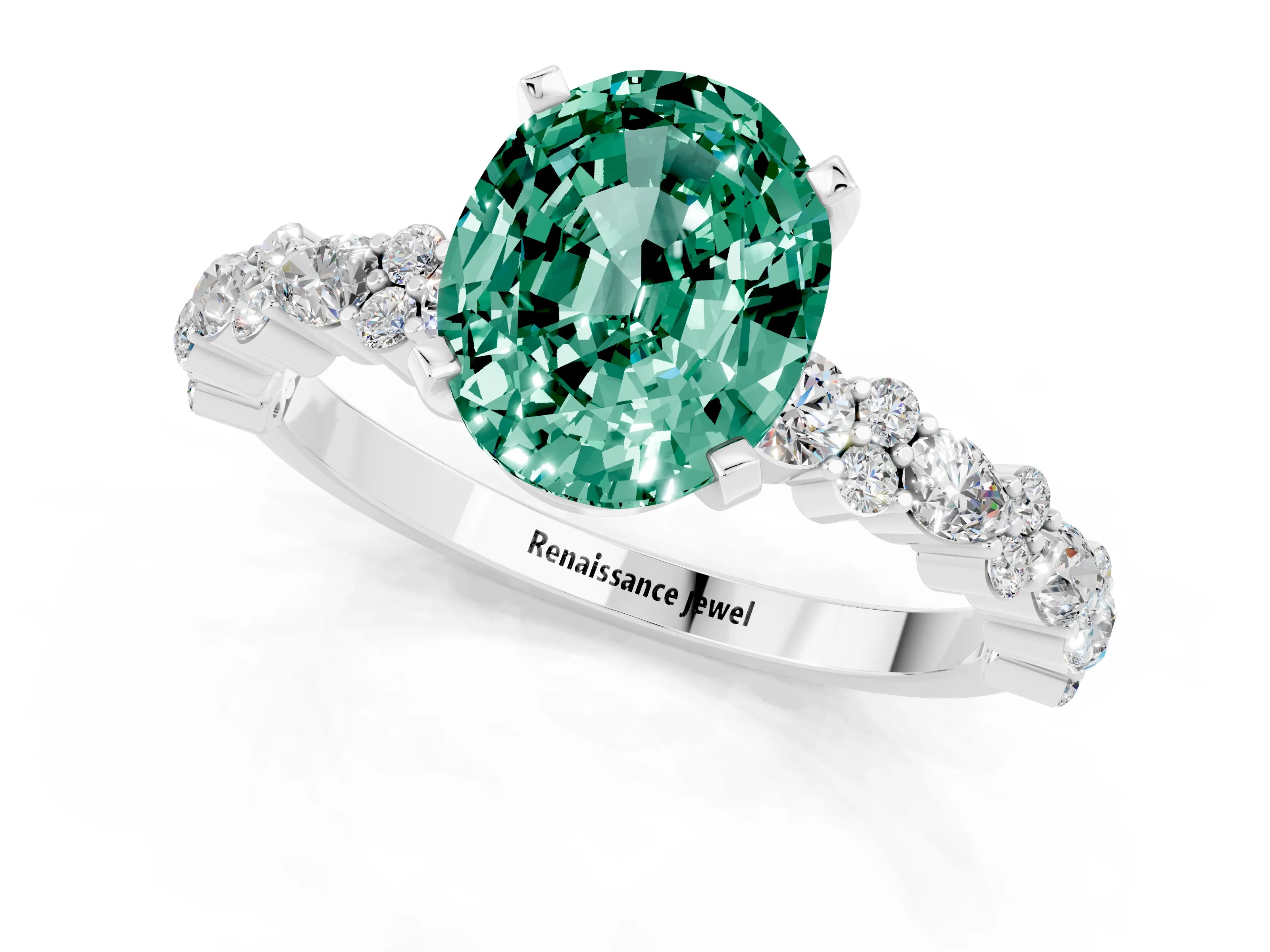 White gold Oval Cut Green Sapphire Solitaire with Side Stones, Pave Band, Four-Prong Setting_37