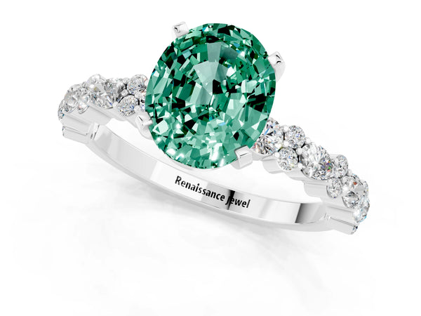 White gold Oval Cut Green Sapphire Side Stone Solitaire Ring with Round  and Four-Prong Setting