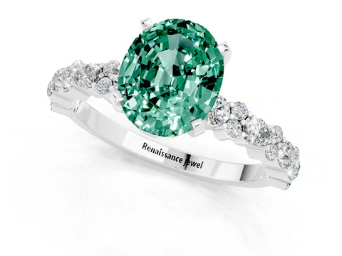 White gold Oval Cut Green Sapphire Solitaire with Side Stones, Pave Band, Four-Prong Setting_37