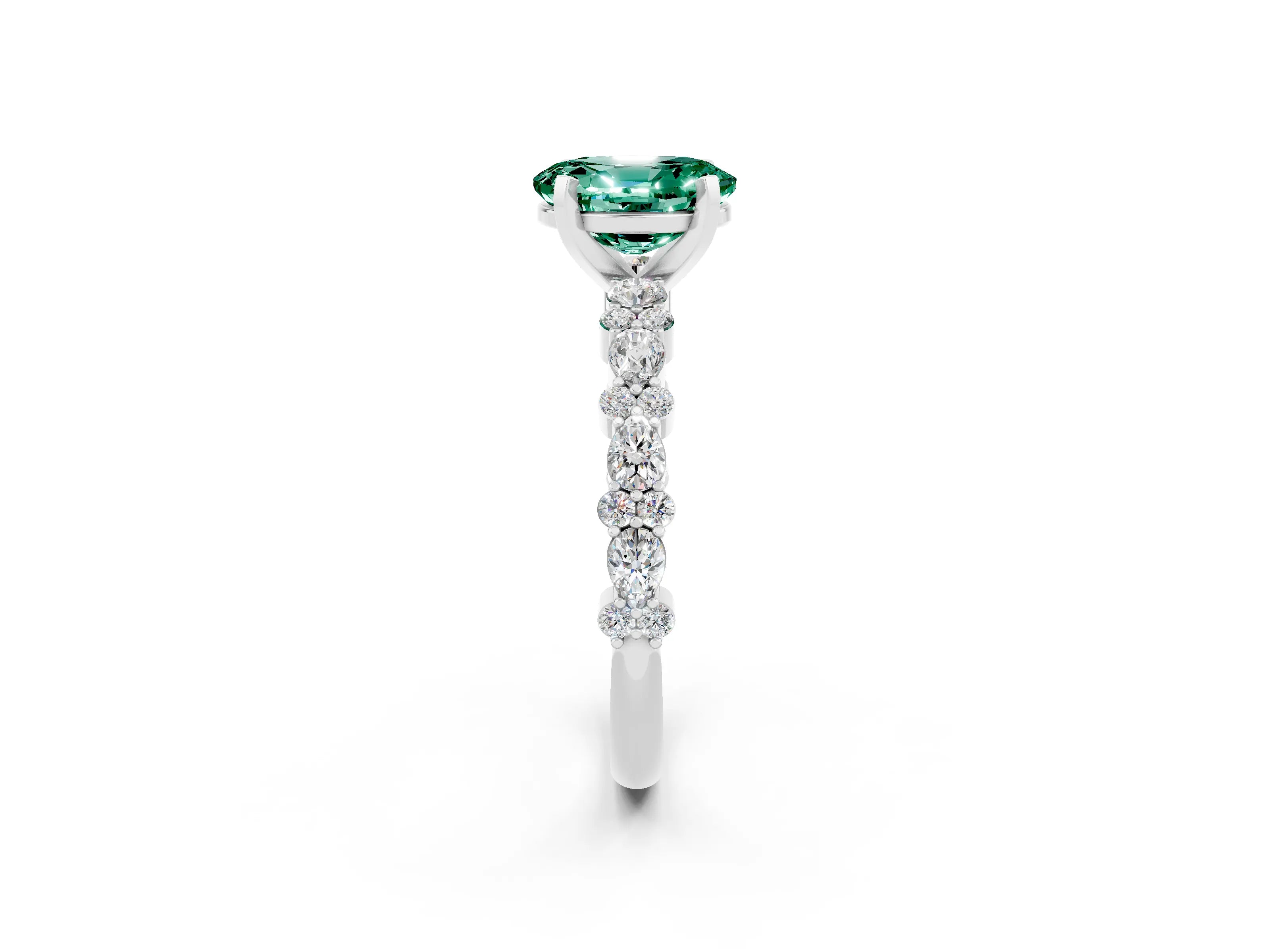White gold Oval Cut Green Sapphire Solitaire with Side Stones, Pave Band, Four-Prong Setting_38