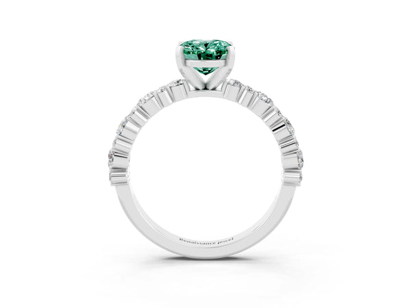 Platinum Oval Cut Green Sapphire Side Stone Solitaire Ring with Round  and Four-Prong Setting