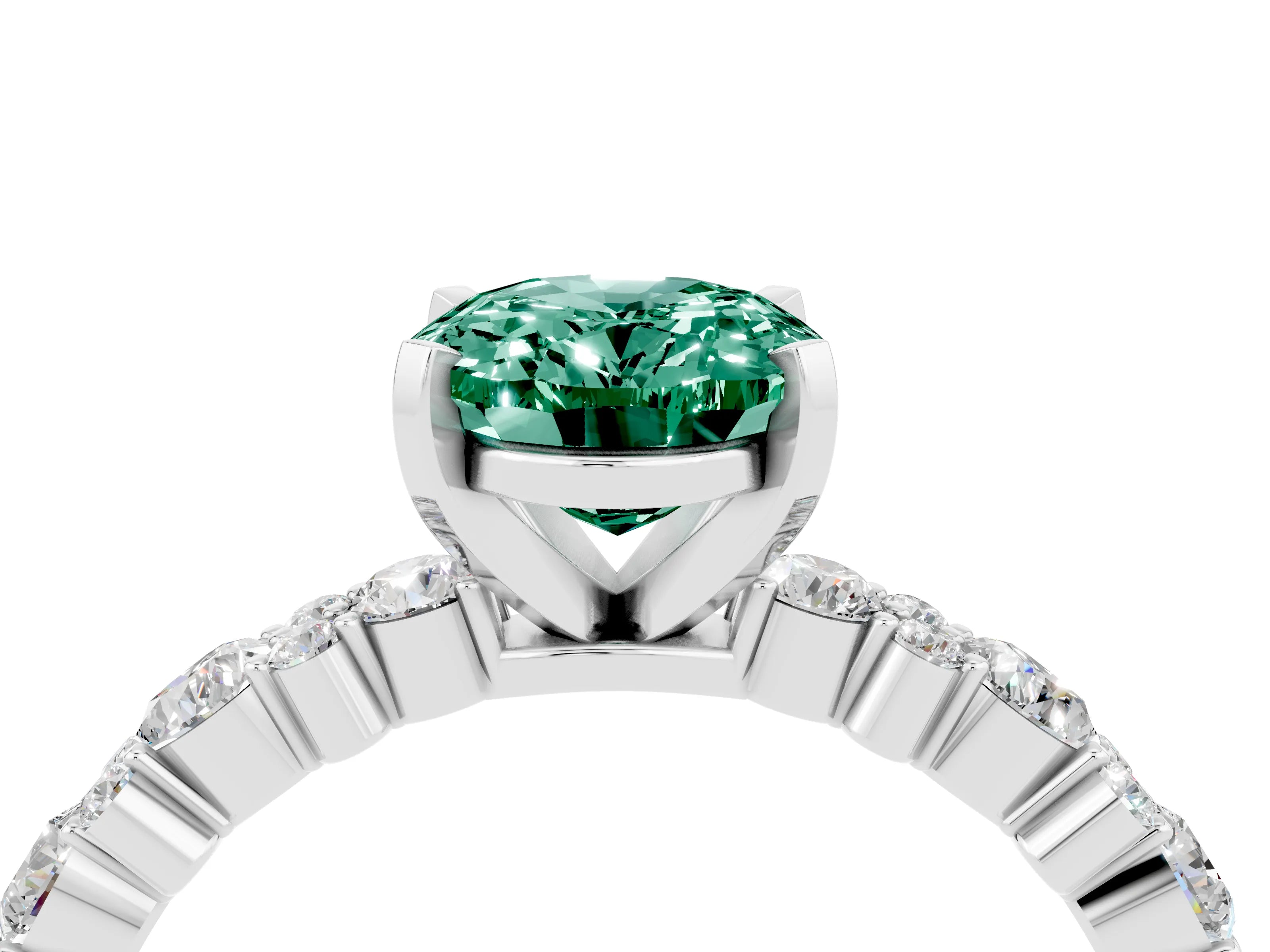 White gold Oval Cut Green Sapphire Solitaire with Side Stones, Pave Band, Four-Prong Setting_40