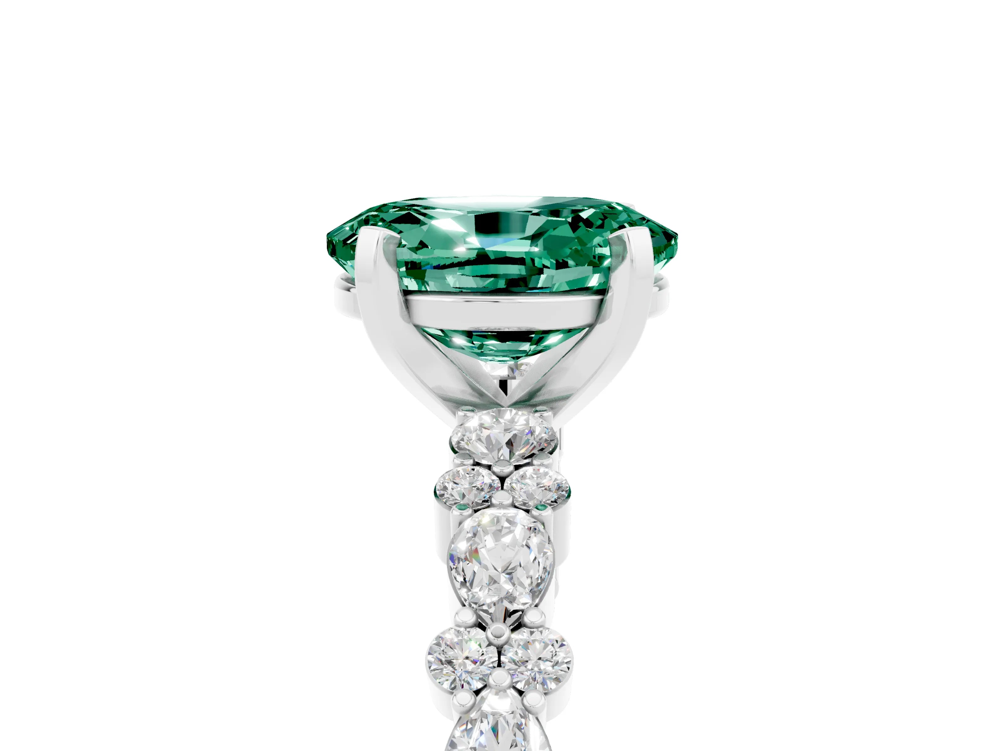 White gold Oval Cut Green Sapphire Solitaire with Side Stones, Pave Band, Four-Prong Setting_41
