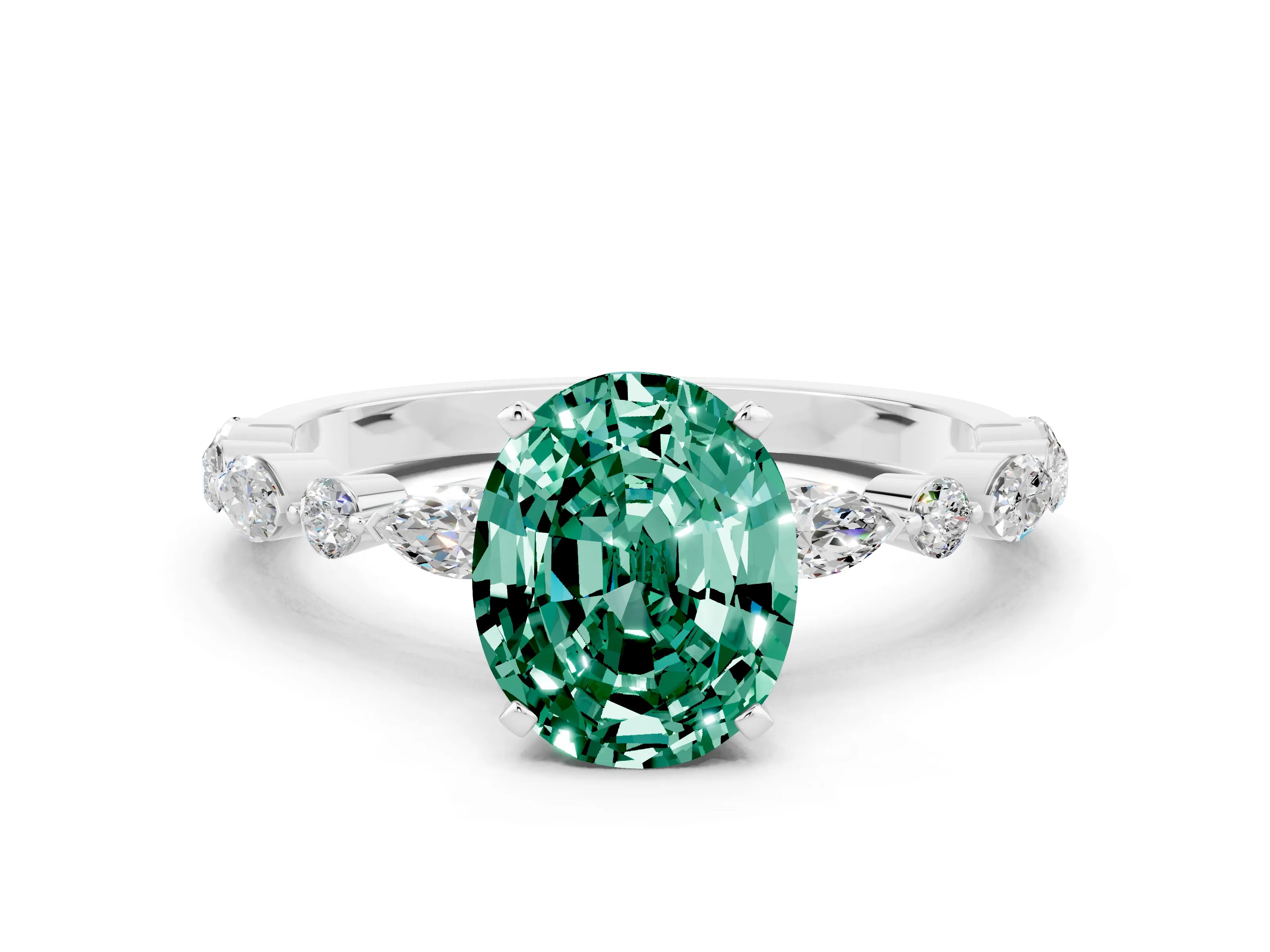 White gold Oval Cut Green Sapphire Solitaire with Side Stones on a Pavé Band and Four-Prong Setting