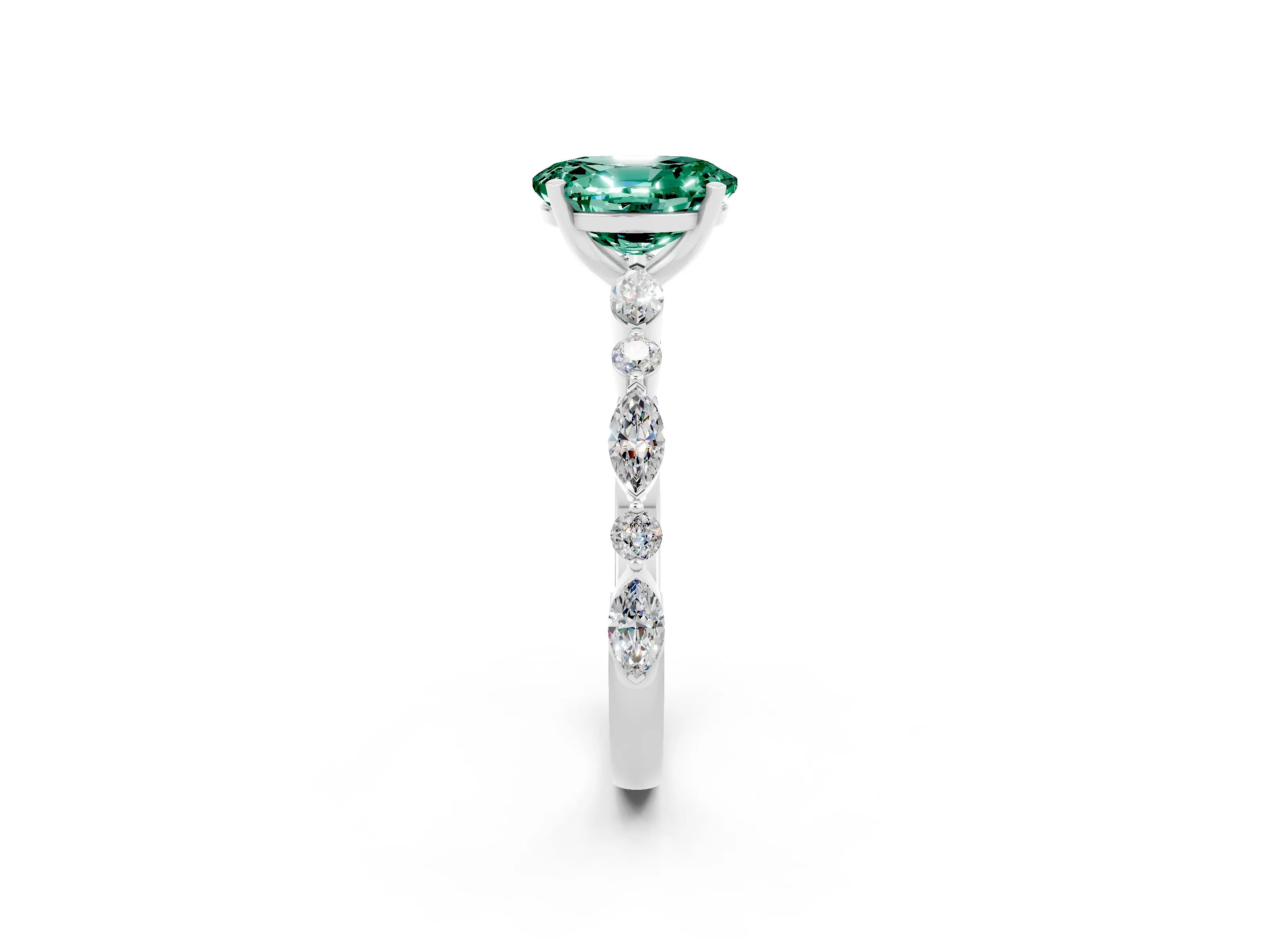 White gold Oval Cut Green Sapphire Solitaire with Side Stones on a Pavé Band and Four-Prong Setting_2