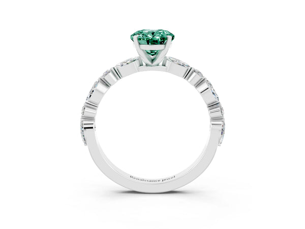 Platinum Oval Cut Green Sapphire Ring with Marquise and Round  Side Stones and Four-Prong Setting
