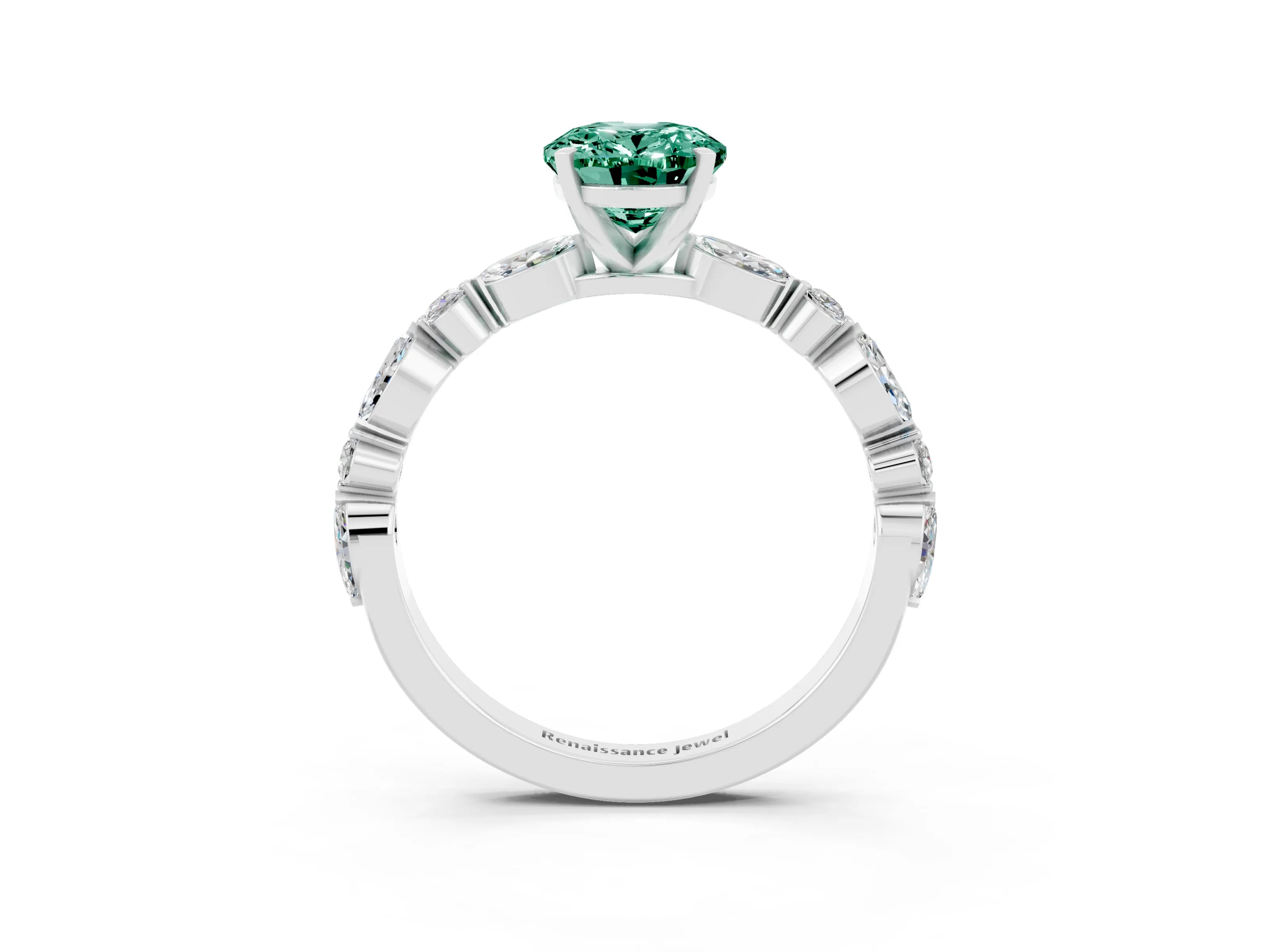 White gold Oval Cut Green Sapphire Solitaire with Side Stones on a Pavé Band and Four-Prong Setting_3