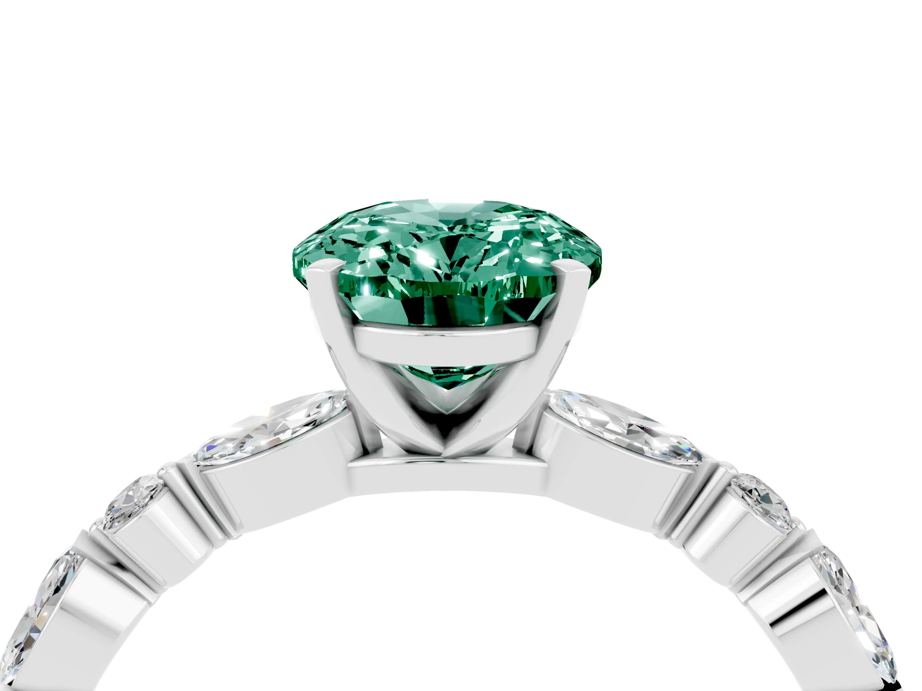 White gold Oval Cut Green Sapphire Solitaire with Side Stones on a Pavé Band and Four-Prong Setting_4