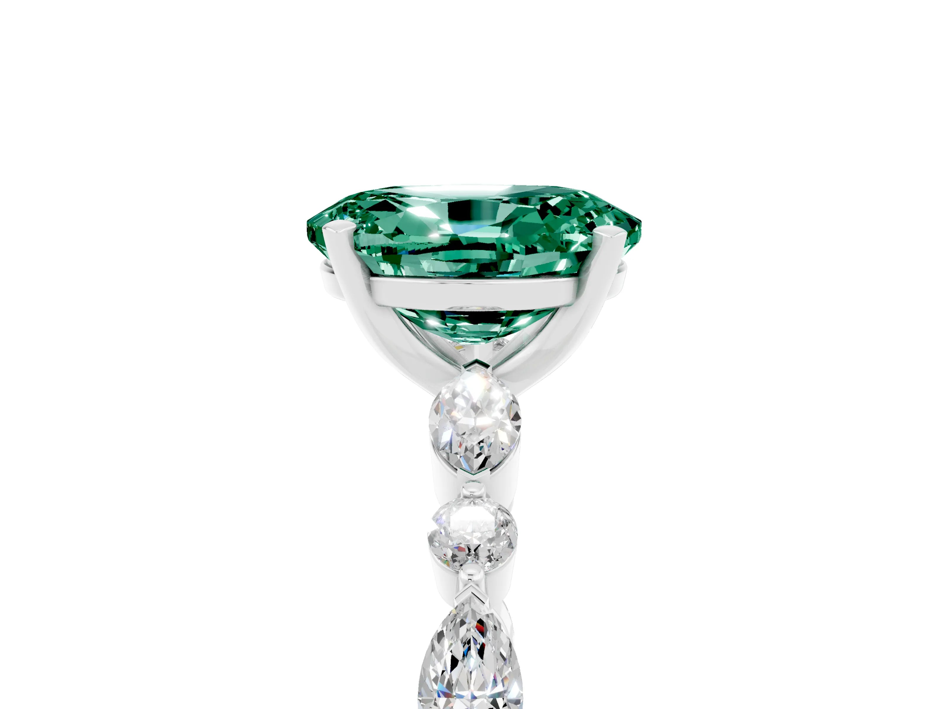 White gold Oval Cut Green Sapphire Solitaire with Side Stones on a Pavé Band and Four-Prong Setting_5