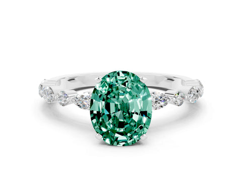 White gold Oval Cut Green Sapphire Solitaire with Side Stones on a Pavé Band and Four-Prong Setting