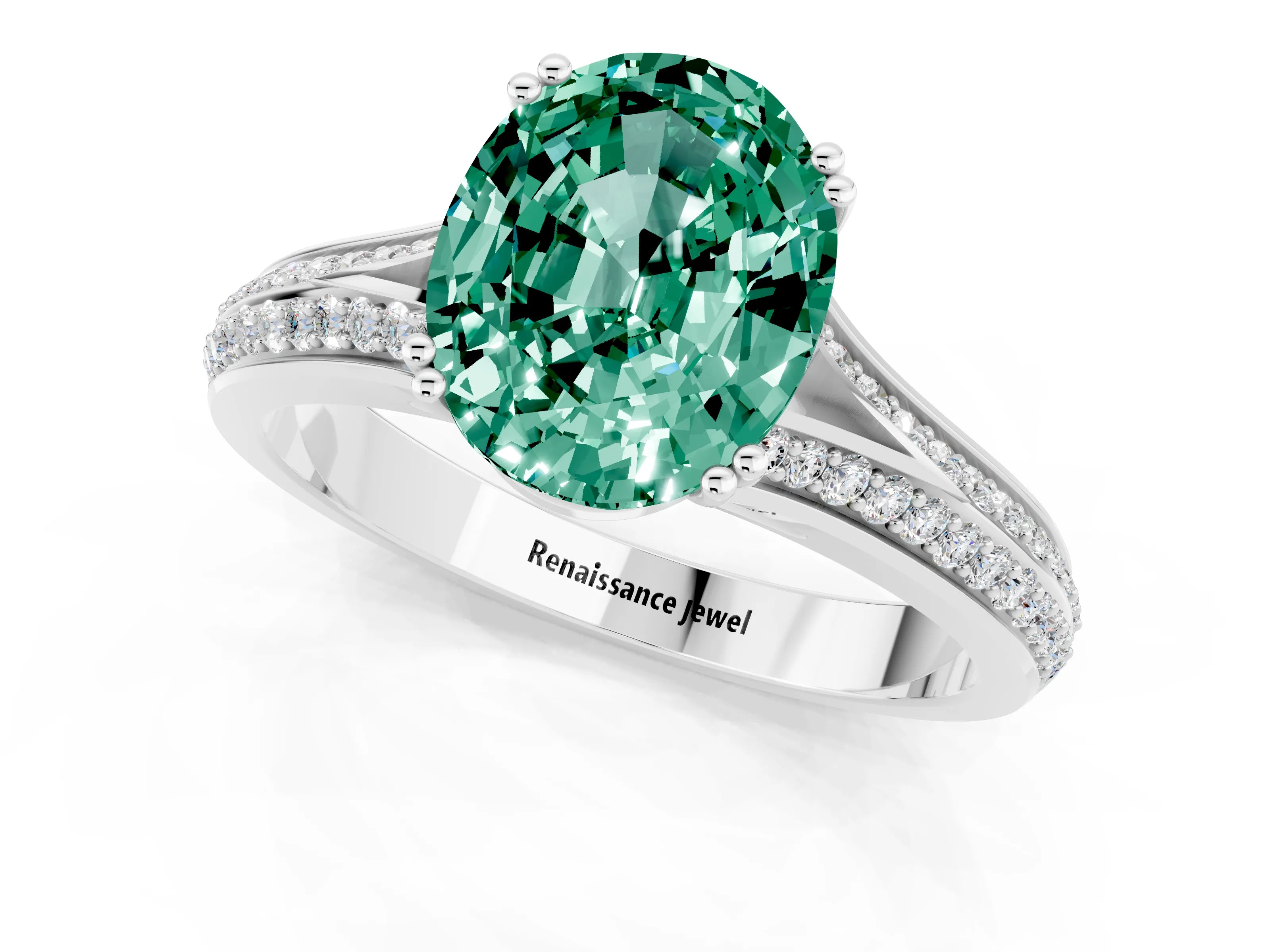 White gold Oval Cut Green Sapphire Split Shank Engagement Ring with Pavé Band_1