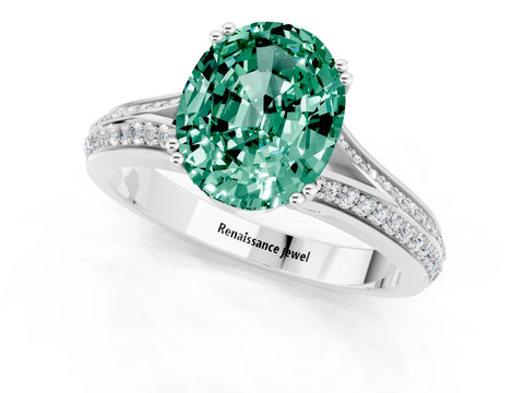 White gold Oval Cut Green Sapphire Split Shank Engagement Ring with Pavé Band_1